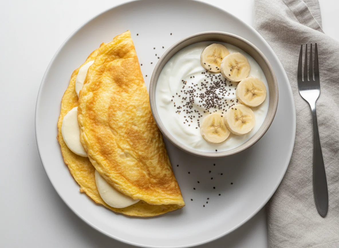Omelete e iogurte com chia e banana photo