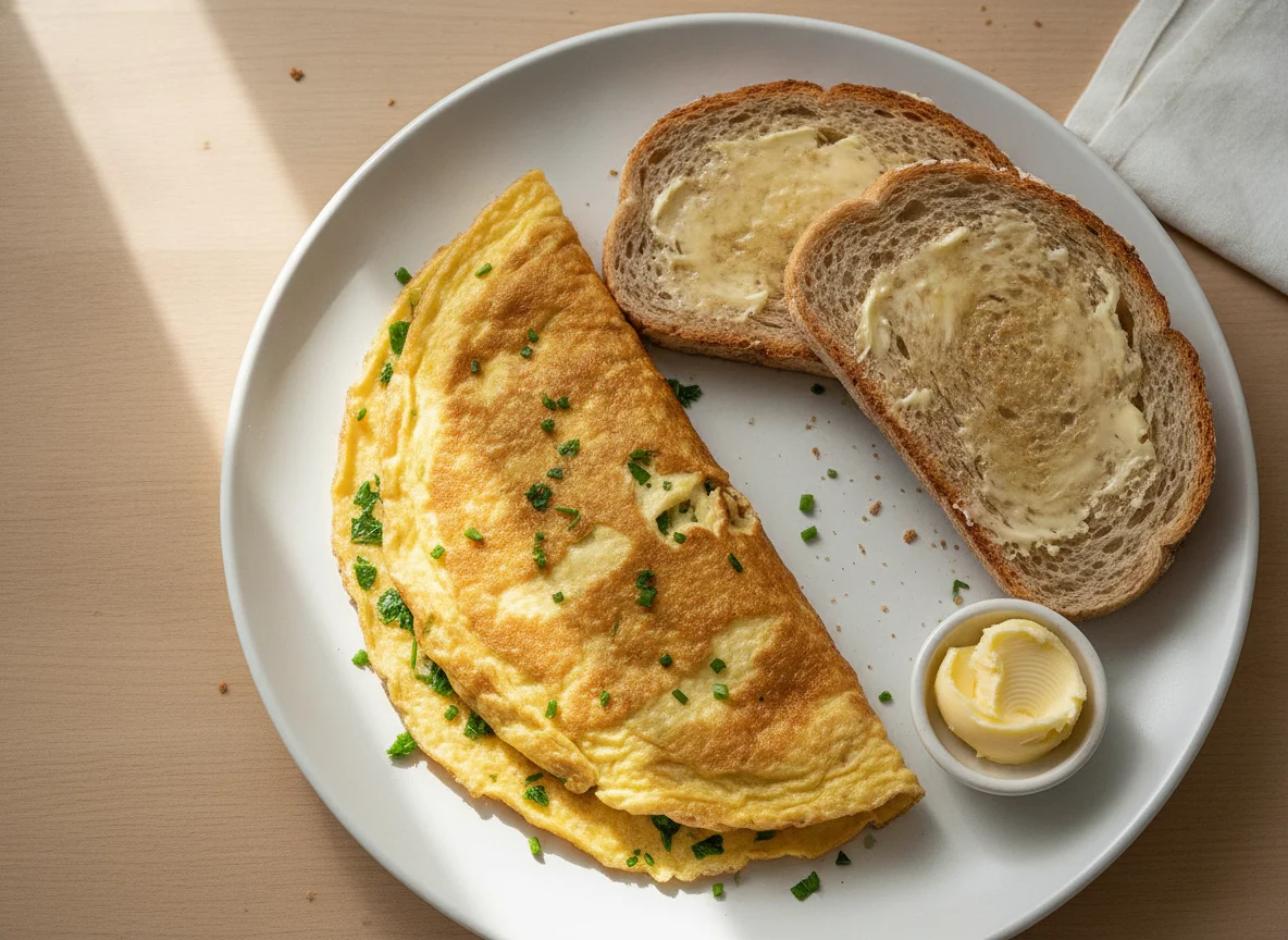Omelete e pão com manteiga photo