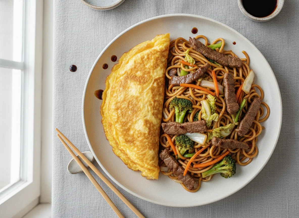 Omelete e Yakisoba de Carne photo