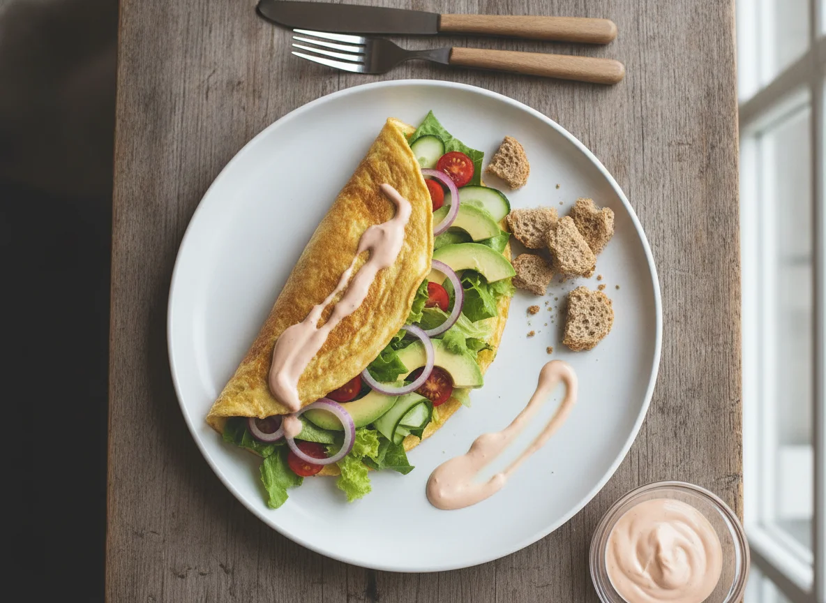 Omelete recheada com salada e molho photo