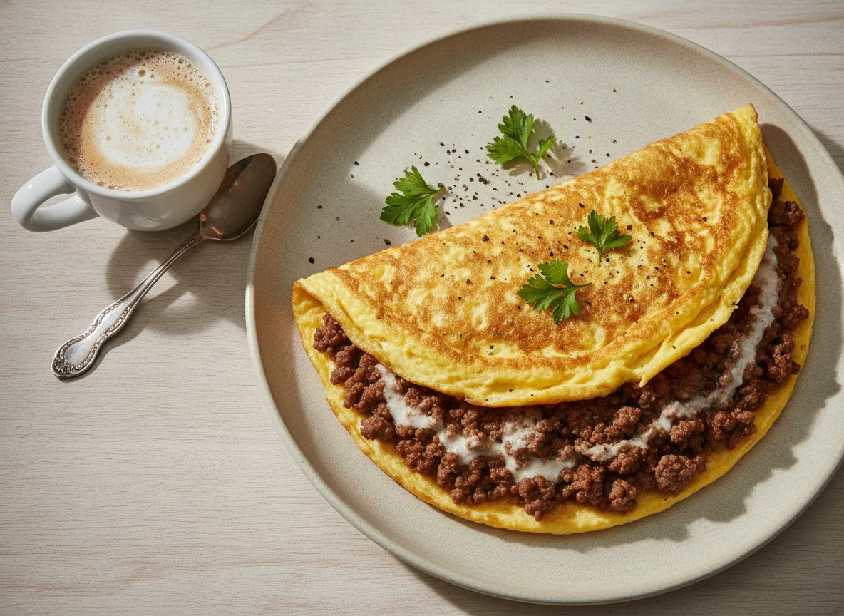 Omelete recheado com café com leite photo