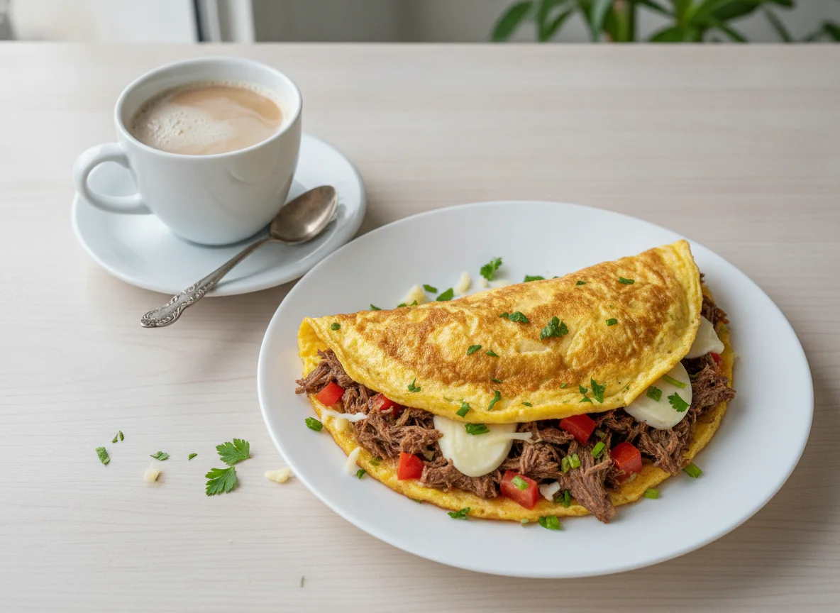 Omelete recheado com carne desfiada e café com leite photo