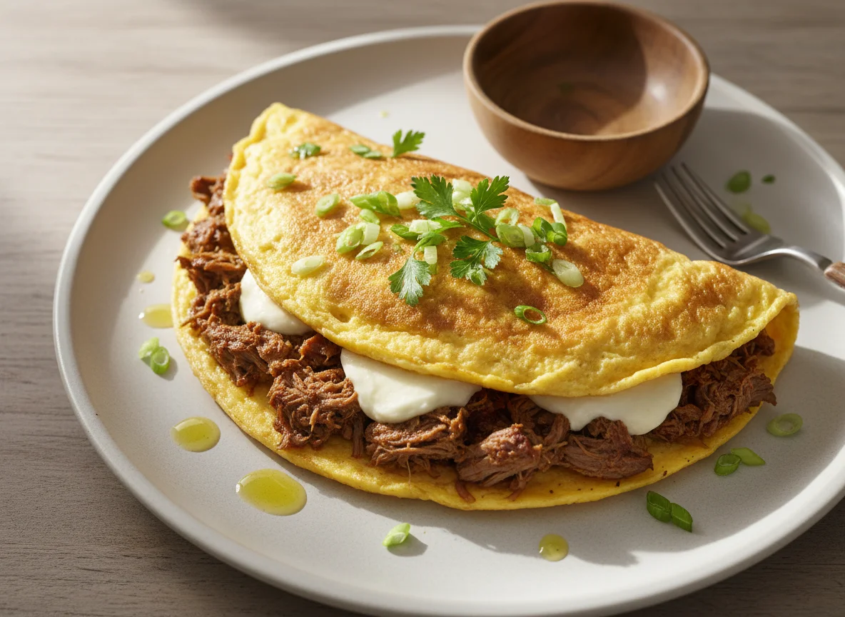 Omelete recheado com carne desfiada e queijo photo