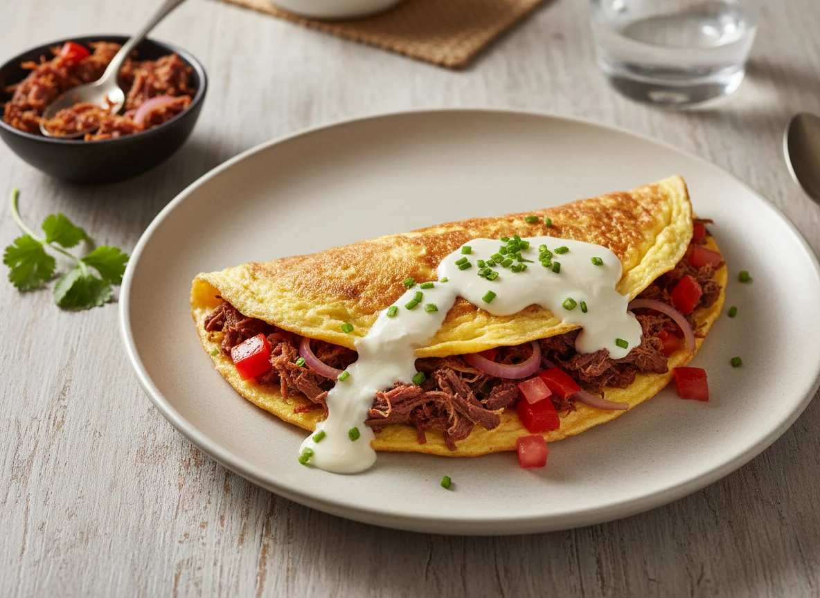 Omelete recheado com carne desfiada photo