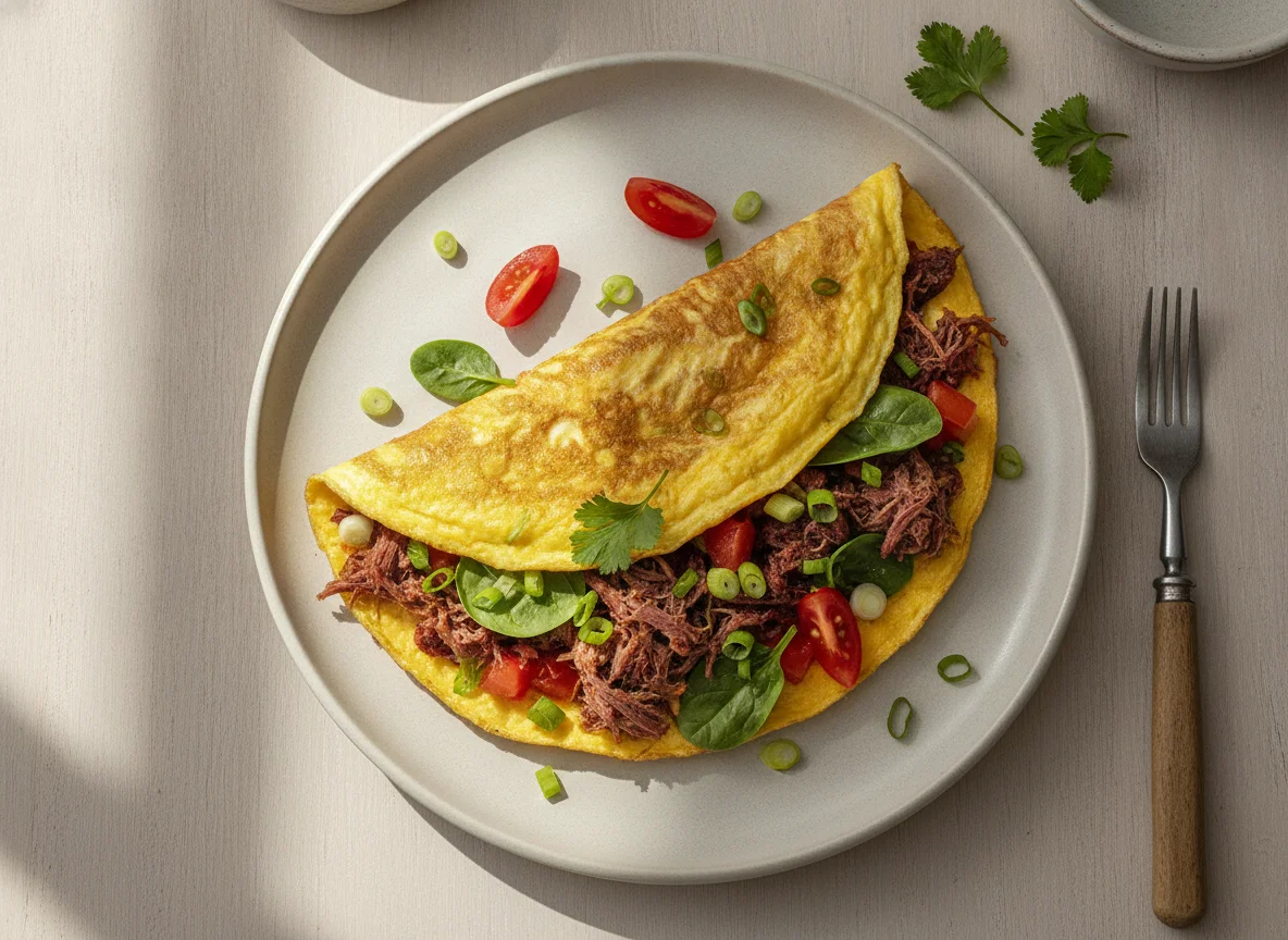 Omelete recheado com carne seca e vegetais photo