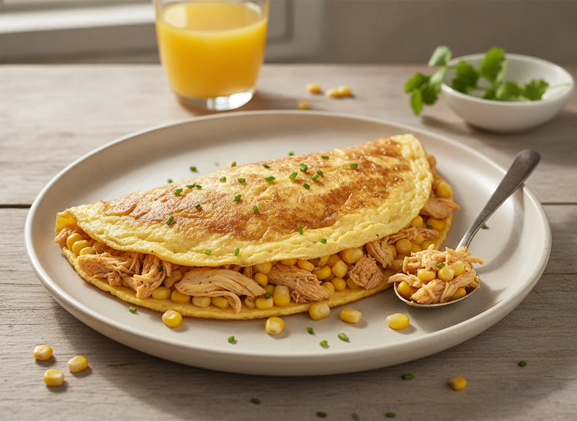 Omelete recheado com frango e milho photo