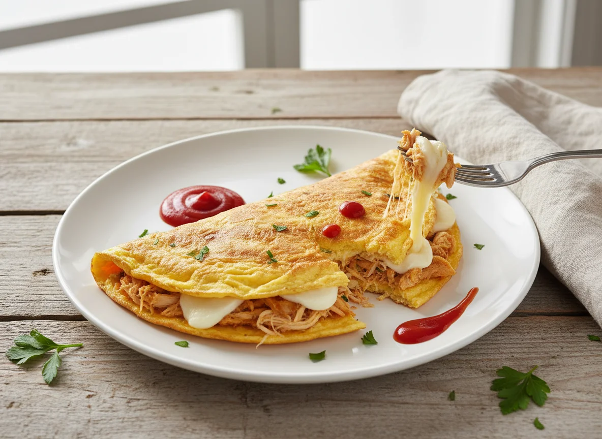 Omelete recheado com frango e queijo photo