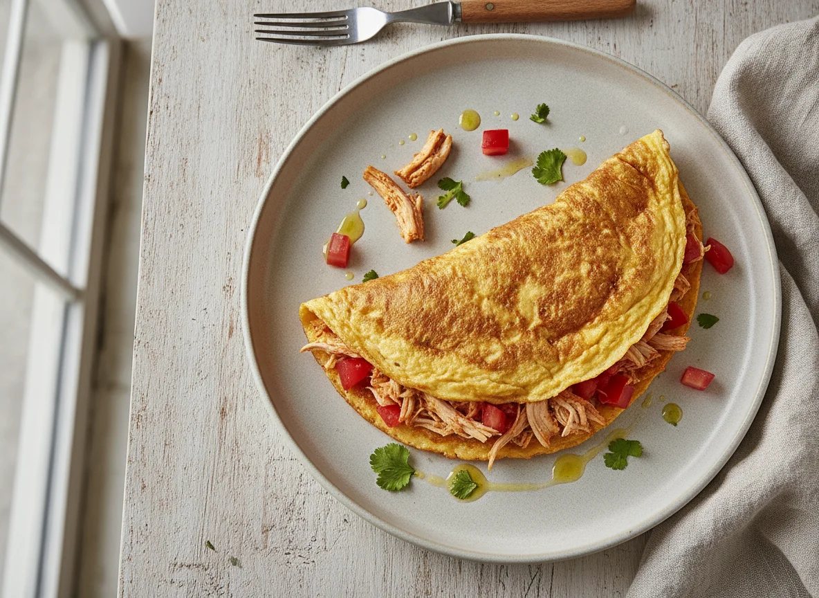 Omelete recheado com frango e tomate photo