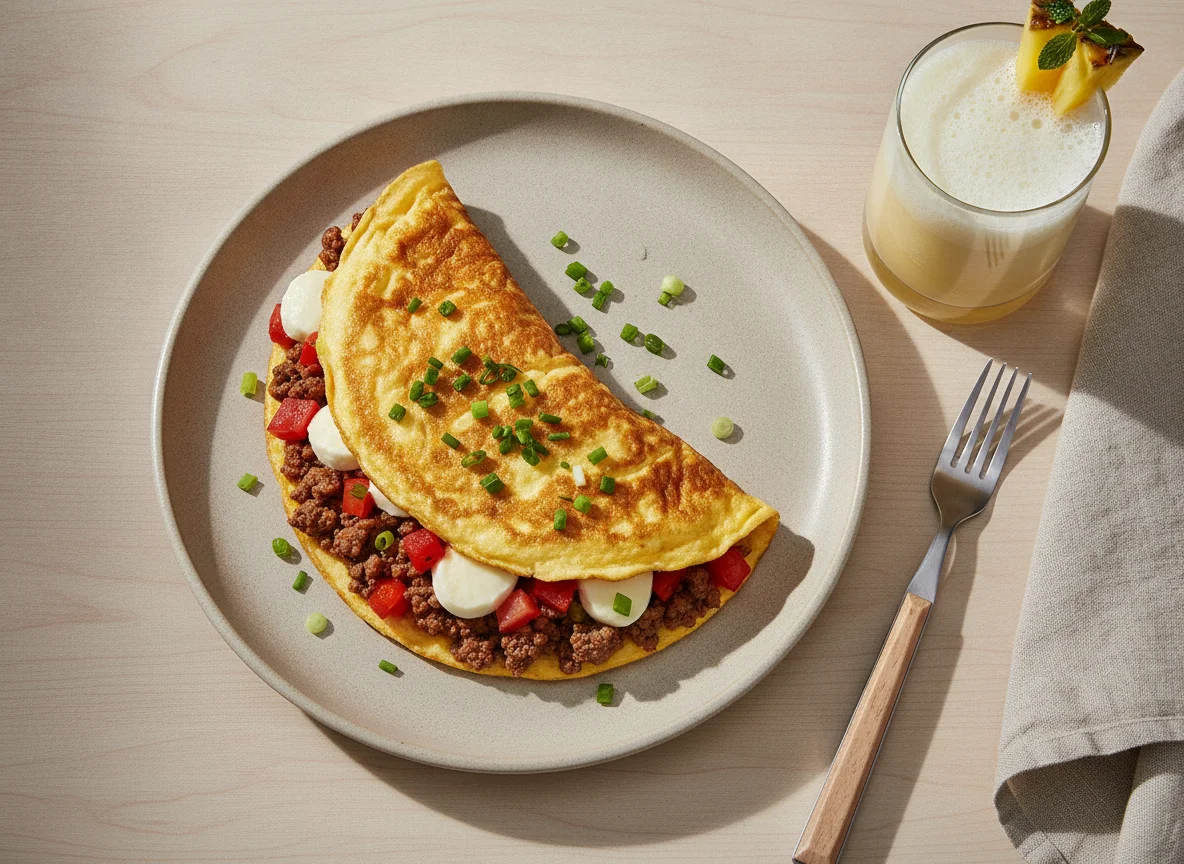 Omelete recheado com suco de frutas photo