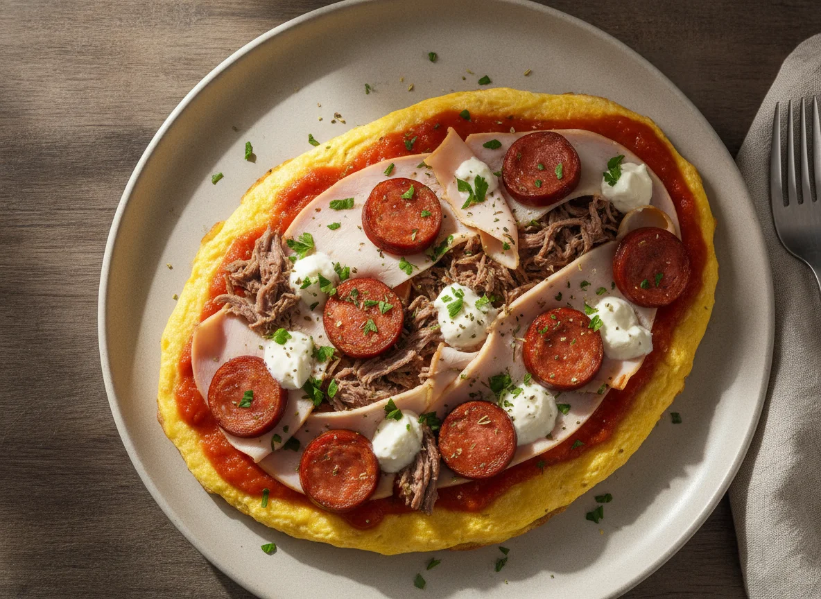 Omelete tipo pizza com peito de peru e carne photo