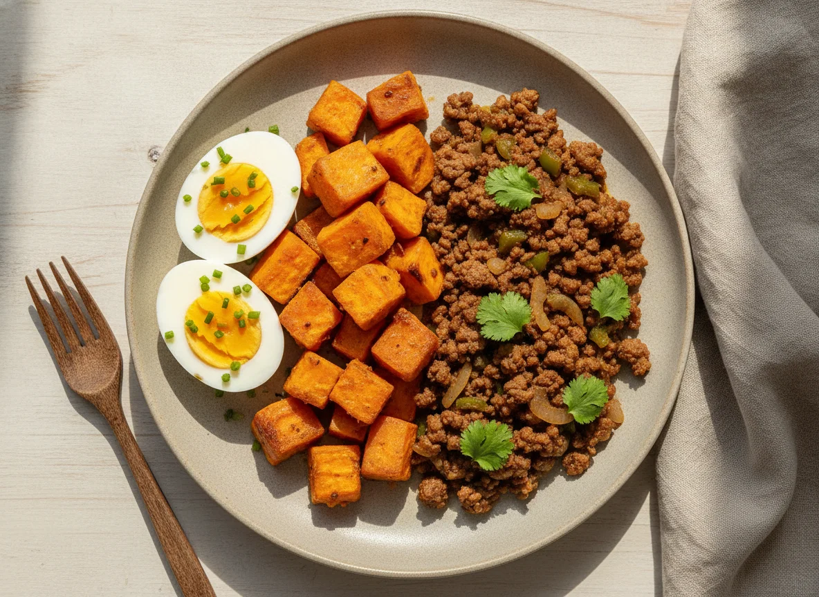 Ovo cozido, batata doce e carne moída photo