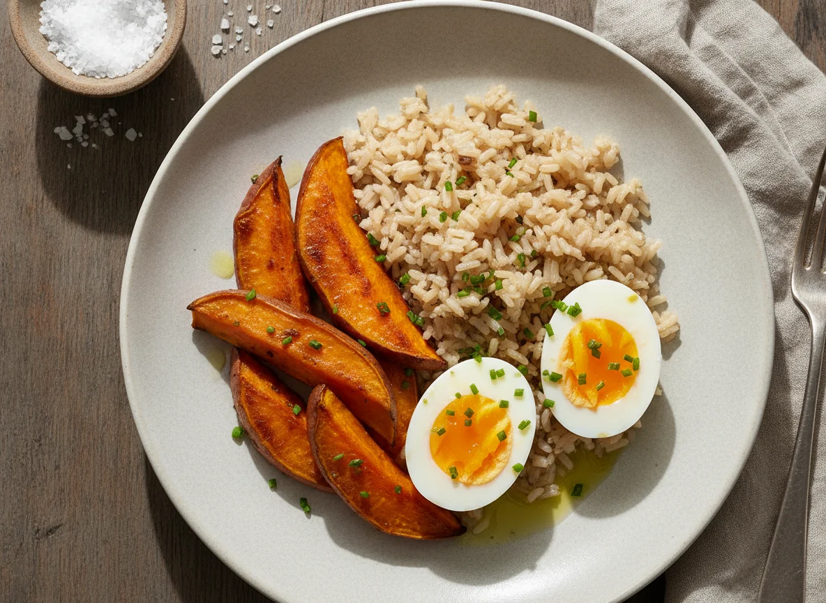 Ovo cozido com arroz integral e batata-doce assada photo