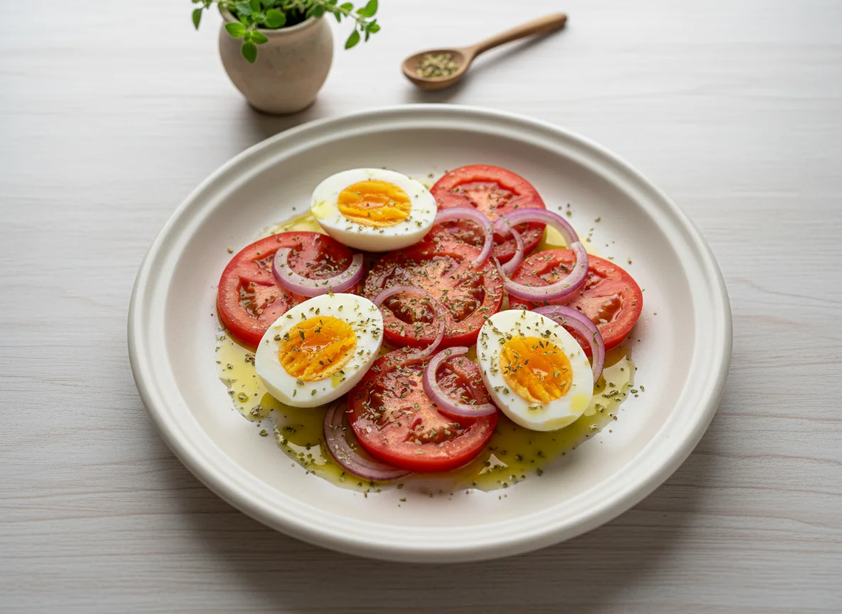 Ovo cozido com tomate e cebola photo