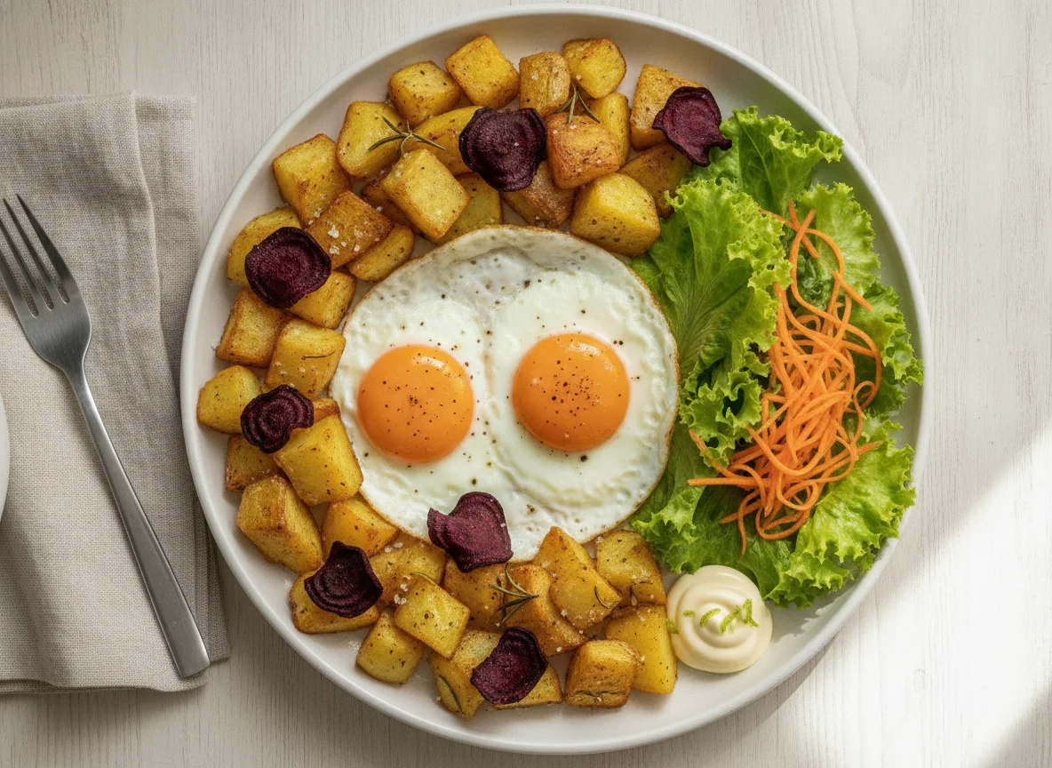 Ovo frito com batatas rústicas, beterraba e salada photo
