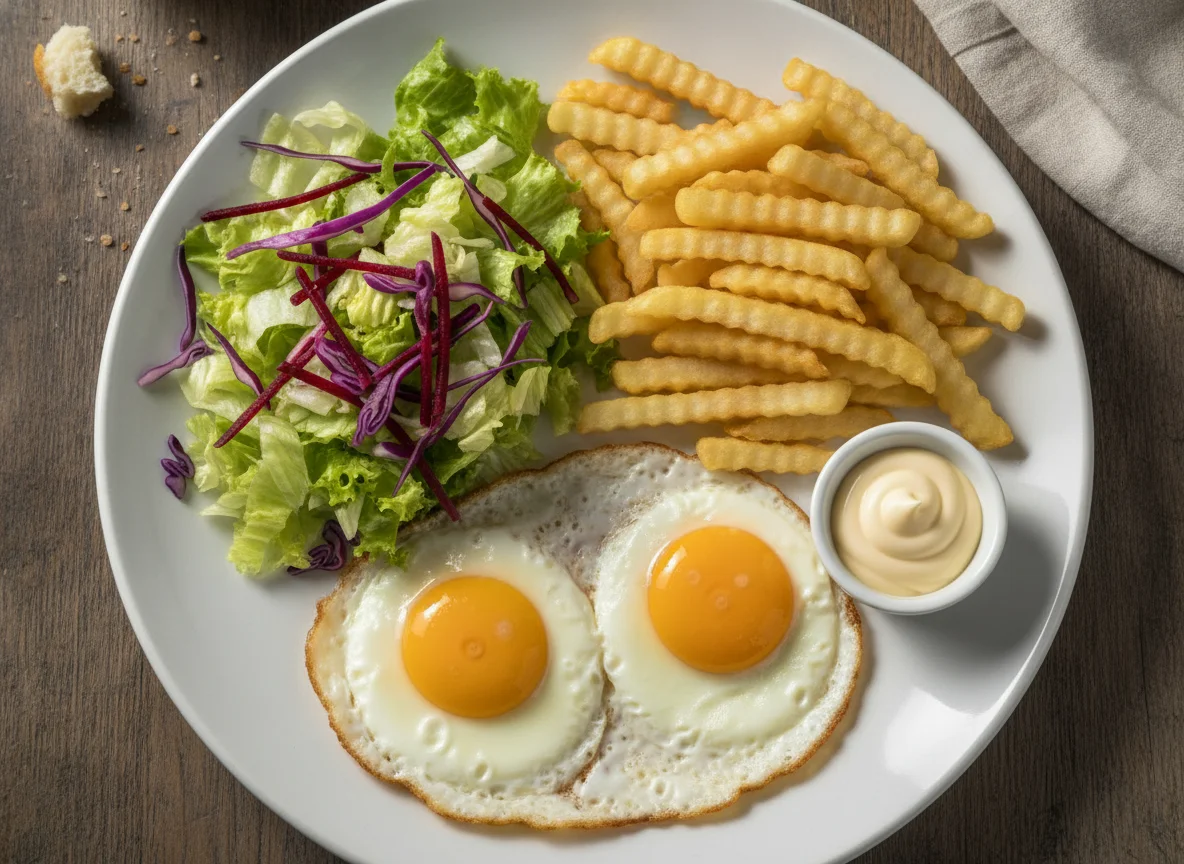 Ovo frito com salada e batata frita photo