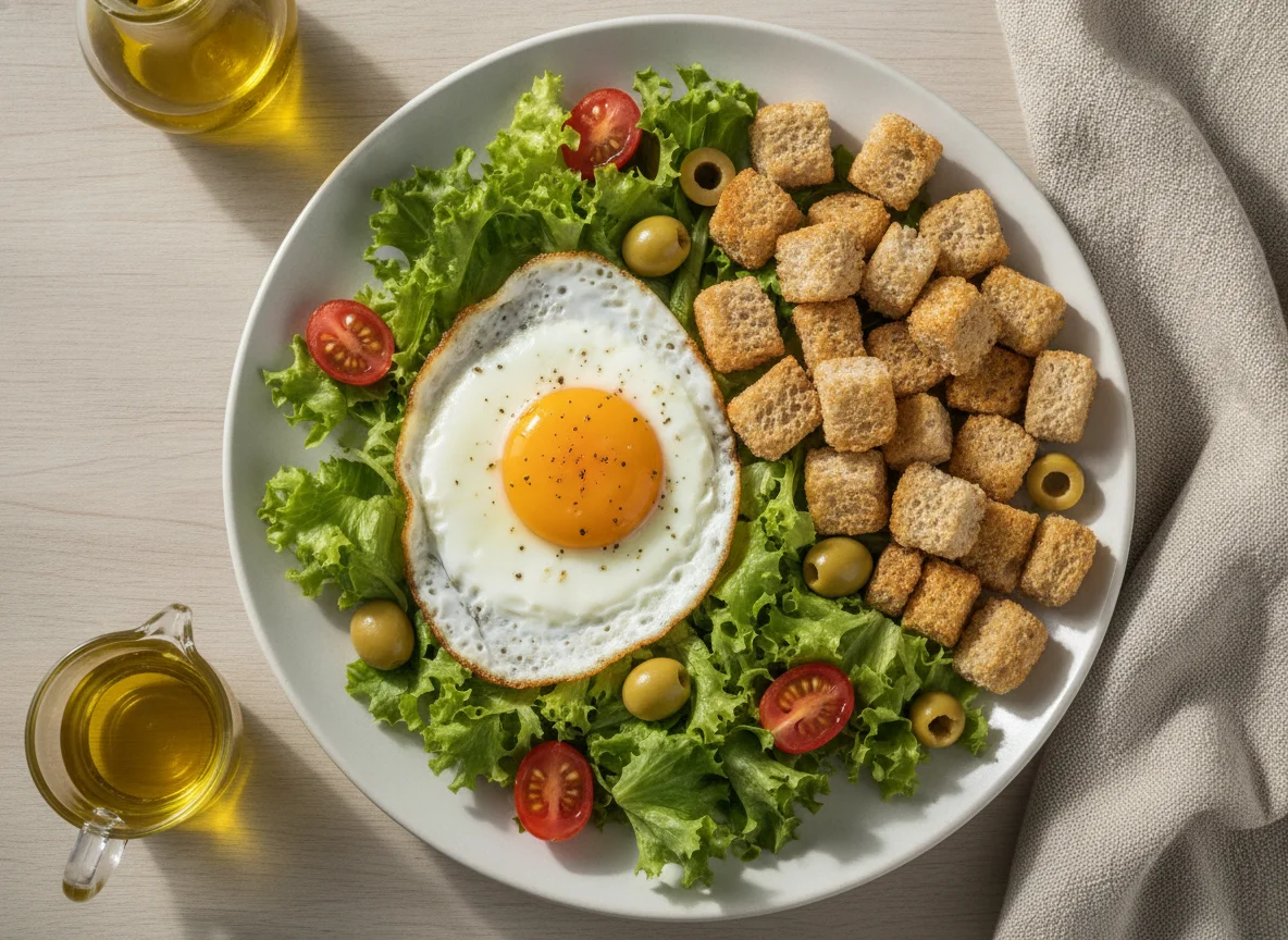 Ovo frito com salada verde, croutons e azeitonas photo