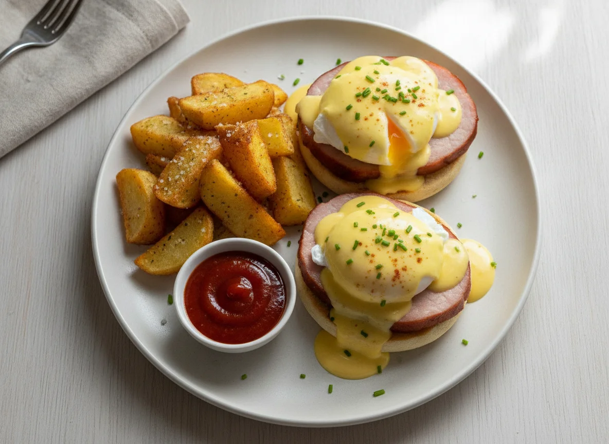 Ovos Benedict com Batatas Rústicas e Ketchup photo