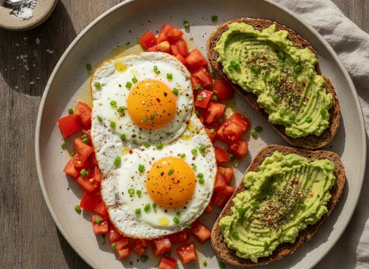 Ovos com tomate e tostas de abacate photo