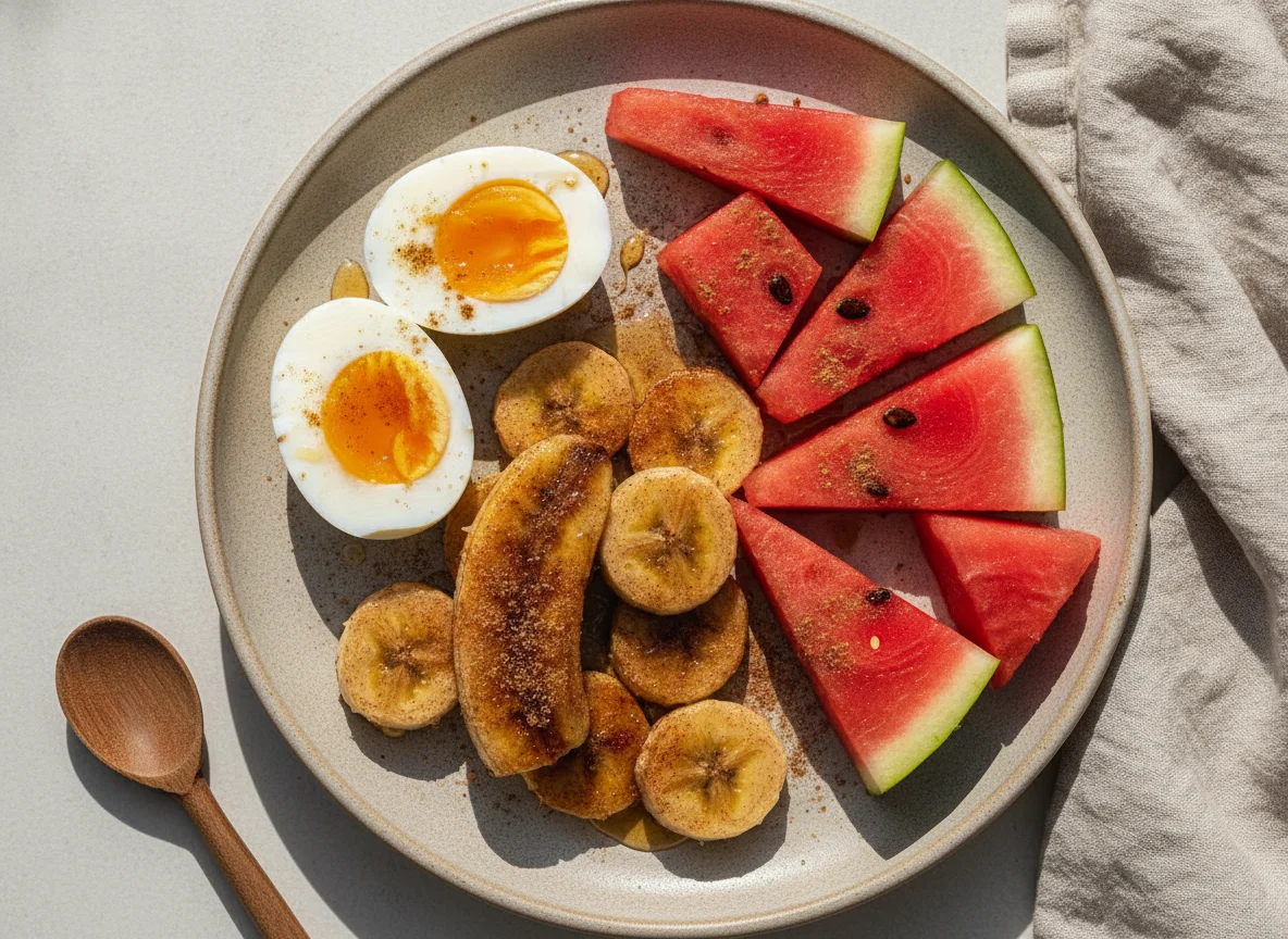 Ovos cozidos, banana grelhada com canela e melancia photo