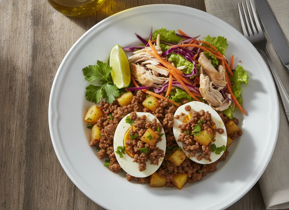 Ovos cozidos com carne moída e salada de legumes photo