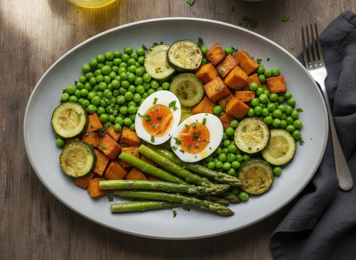Ovos cozidos com legumes e batata-doce photo