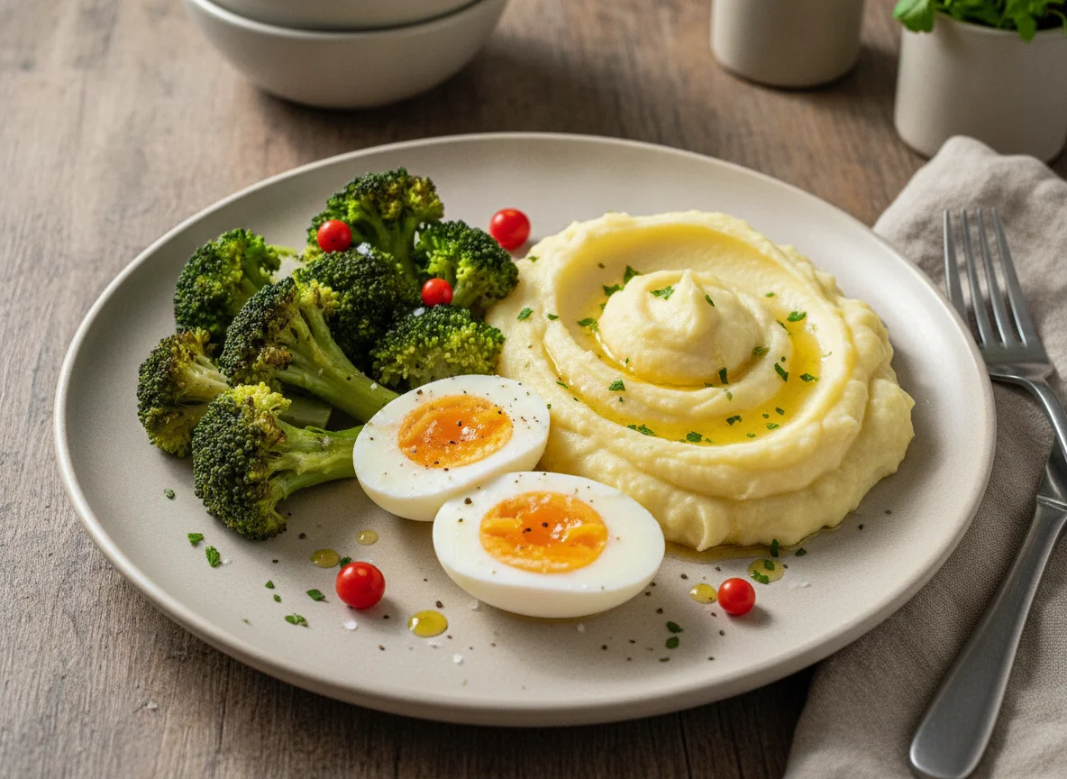 Ovos cozidos com purê de batata e brócolis photo
