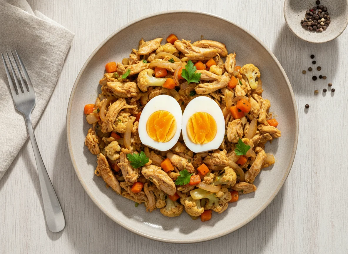 Ovos cozidos com refogado de frango e vegetais photo