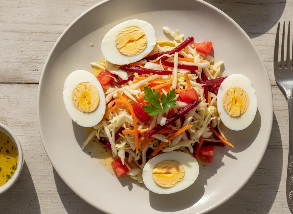 Ovos cozidos com salada de repolho, cenoura e beterraba photo