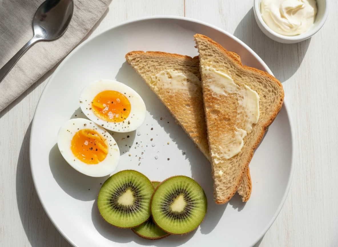 Ovos cozidos com torrada e kiwi photo