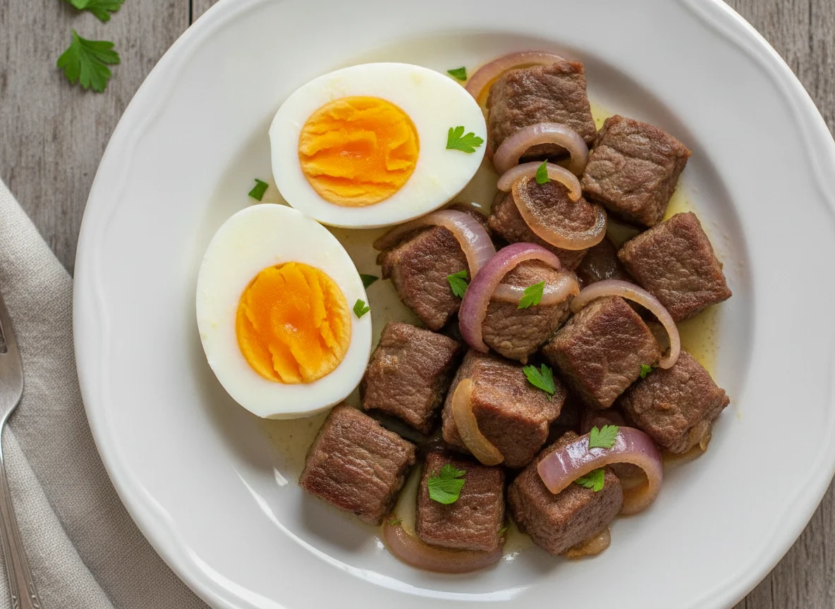 Ovos cozidos e carne bovina em cubos photo