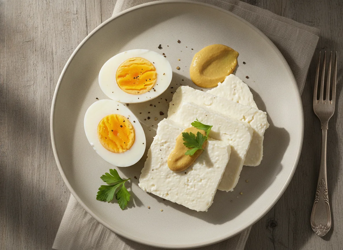 Ovos cozidos e queijo branco com mostarda photo