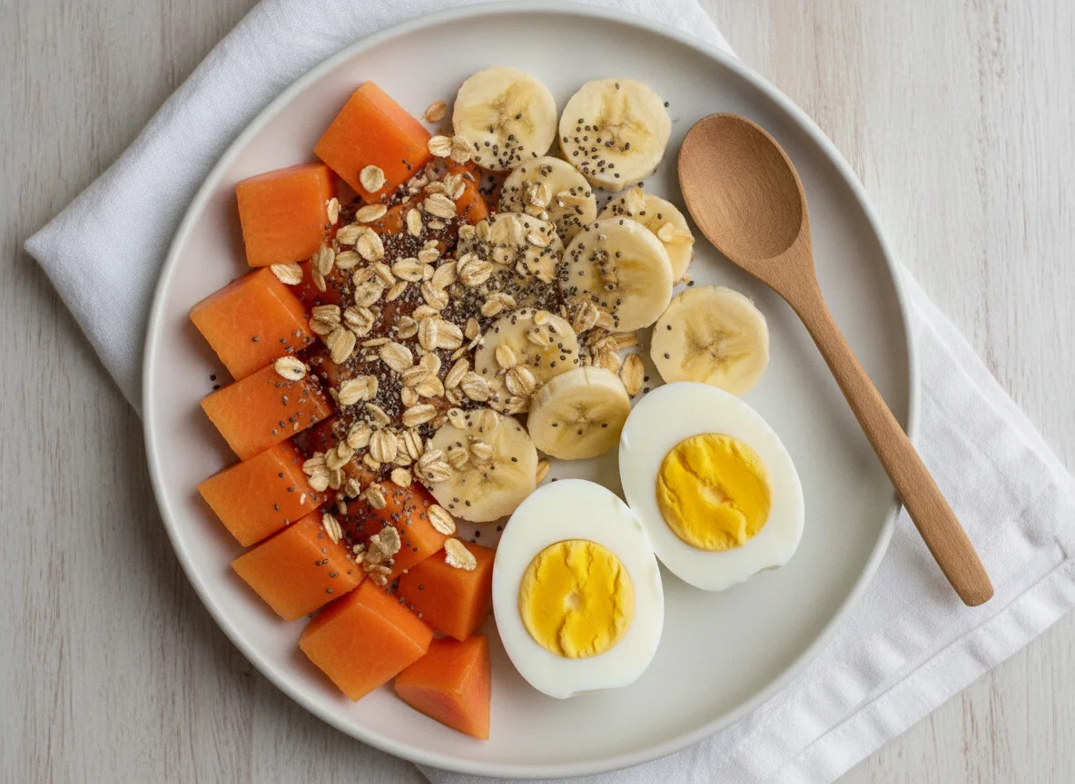 Ovos cozidos e salada de frutas com aveia e chia photo
