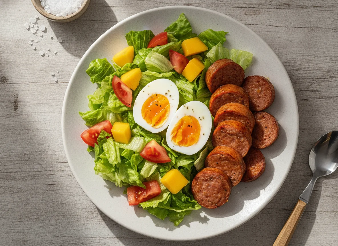 Ovos cozidos, linguiça e salada mista photo