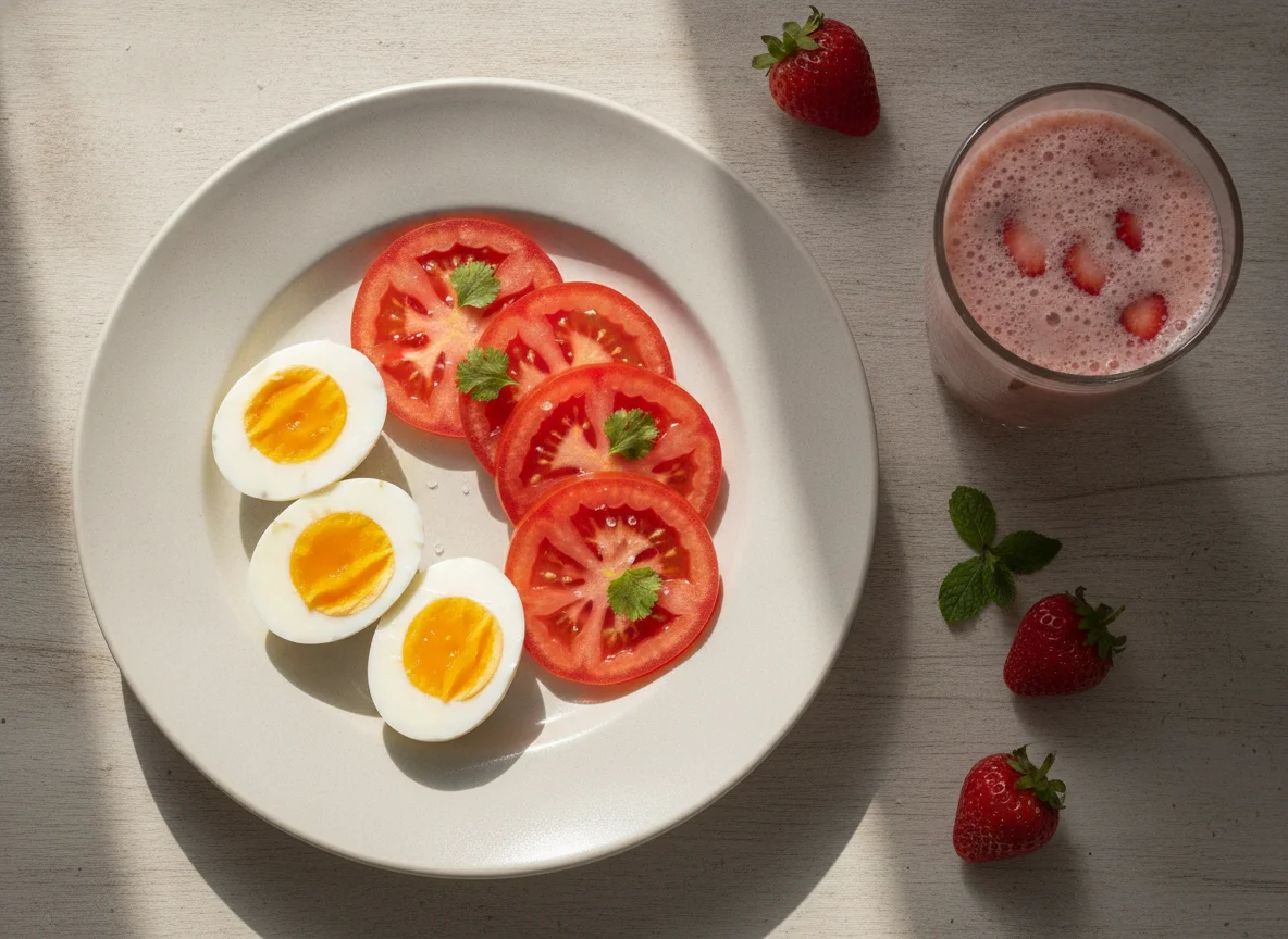 Ovos cozidos, tomate e vitamina photo