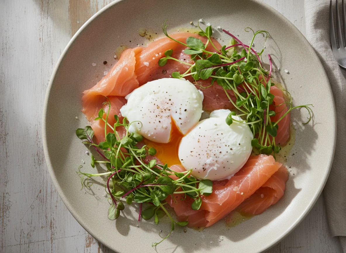 Ovos escalfados com salmão fumado e microgreens photo