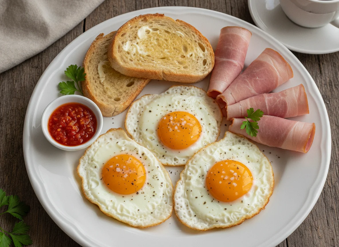 Ovos estrelados com fiambre e pão photo