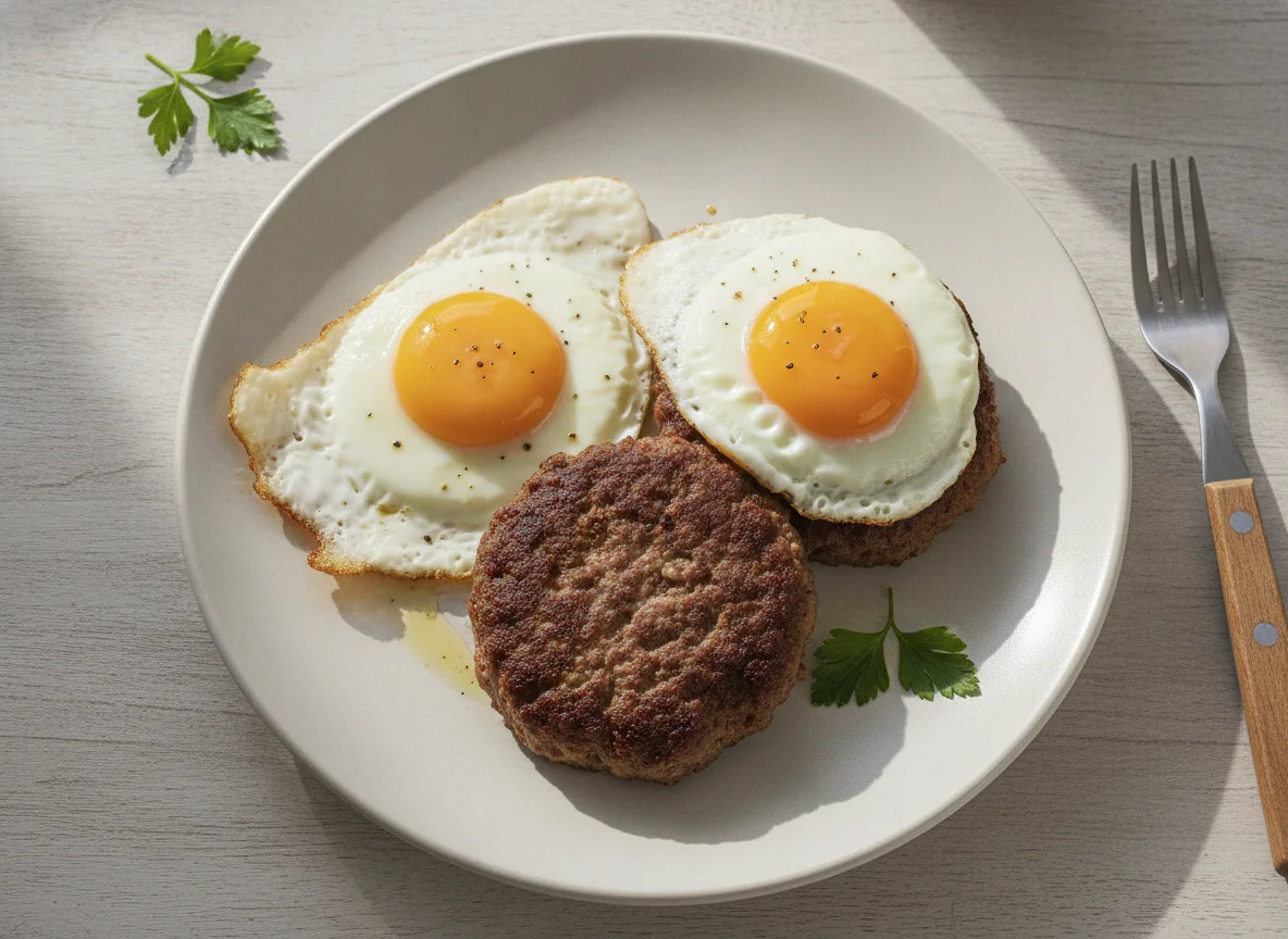 Ovos estrelados com hambúrgueres de carne photo