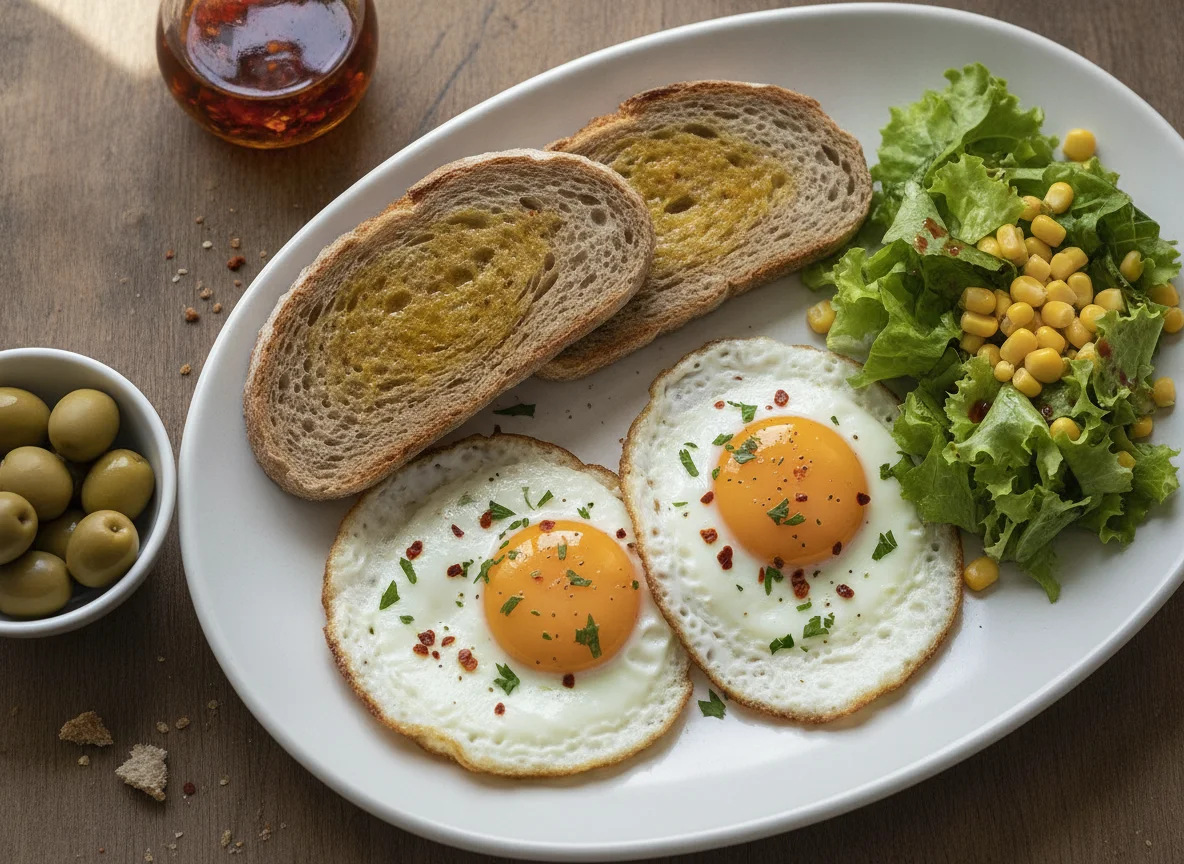 Ovos estrelados com pão, azeitonas e salada photo