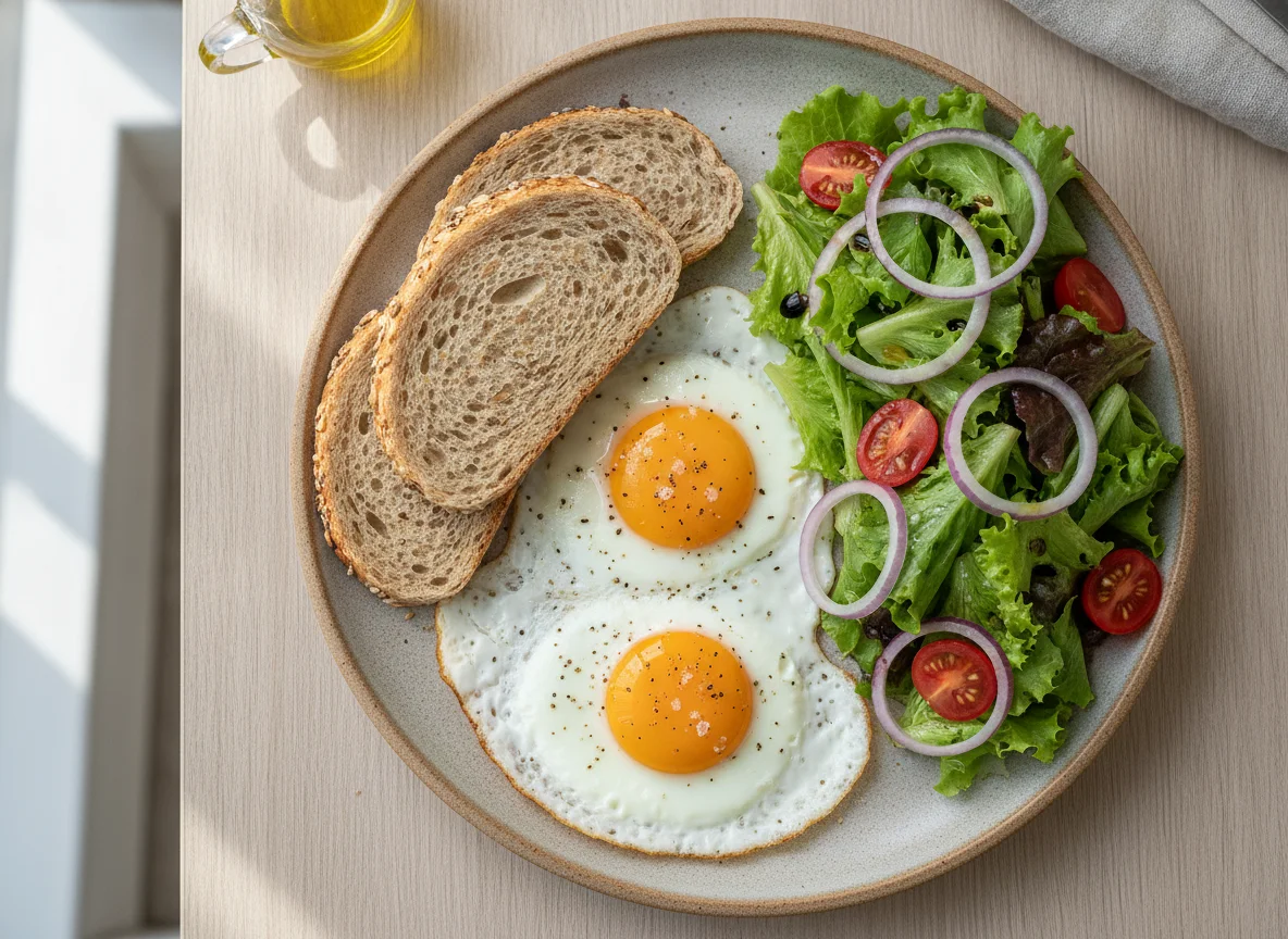 Ovos estrelados com pão integral e salada mista photo