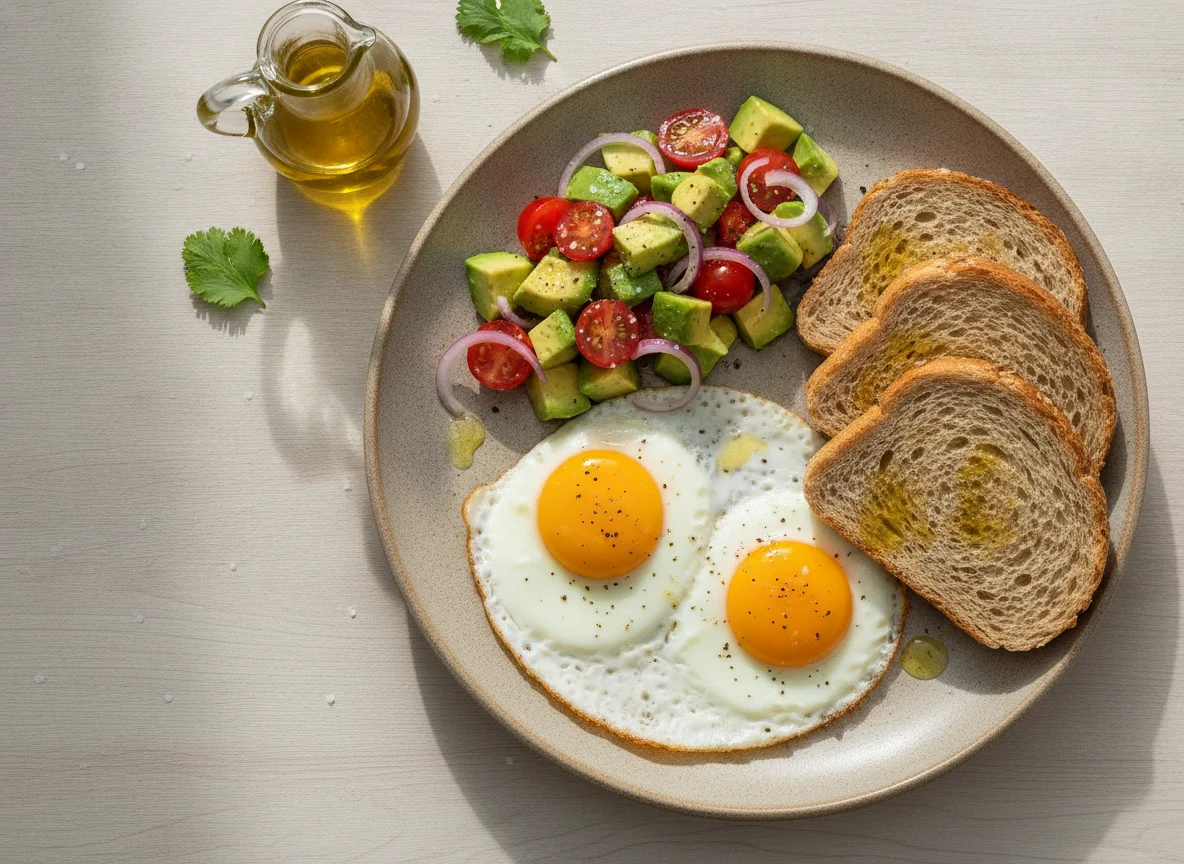Ovos estrelados com salada de abacate e pão integral photo