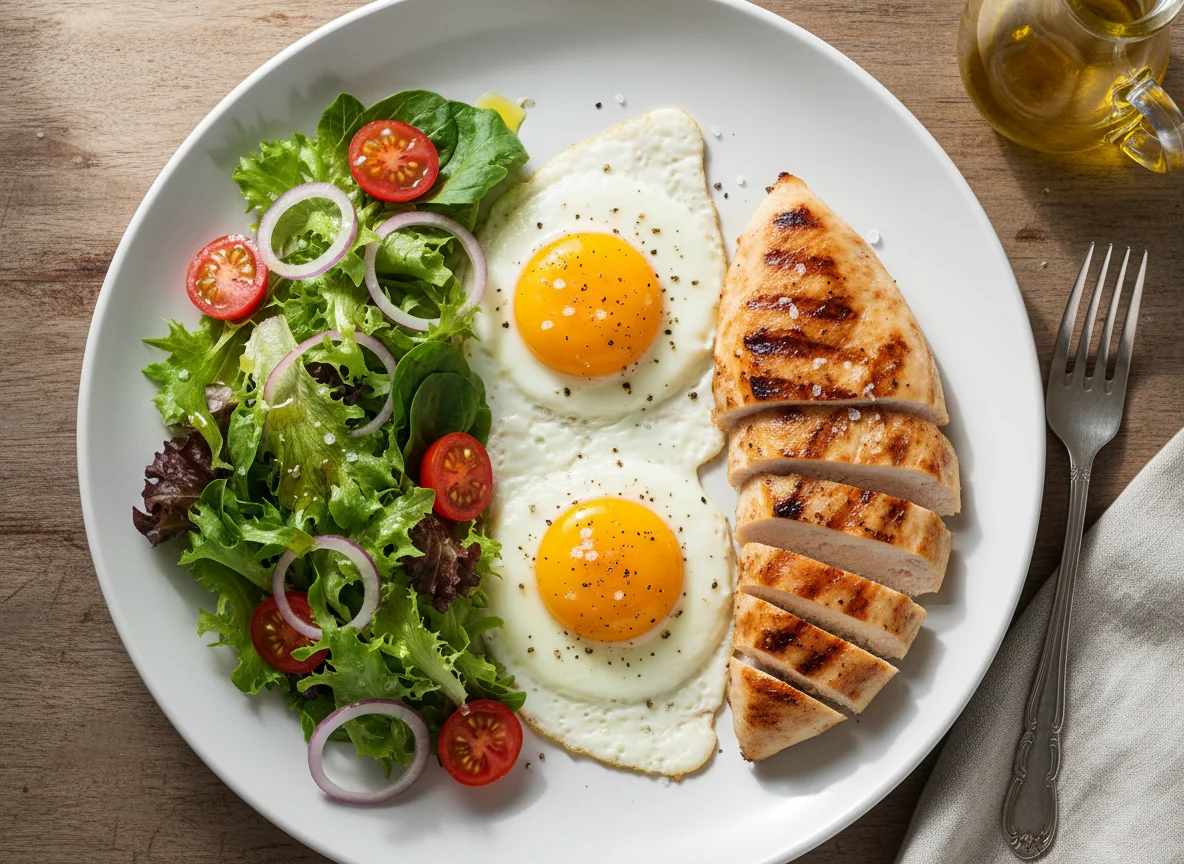 Ovos estrelados com salada e frango photo