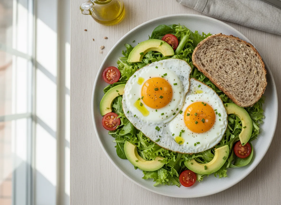 Ovos estrelados com salada e pão de cereais photo