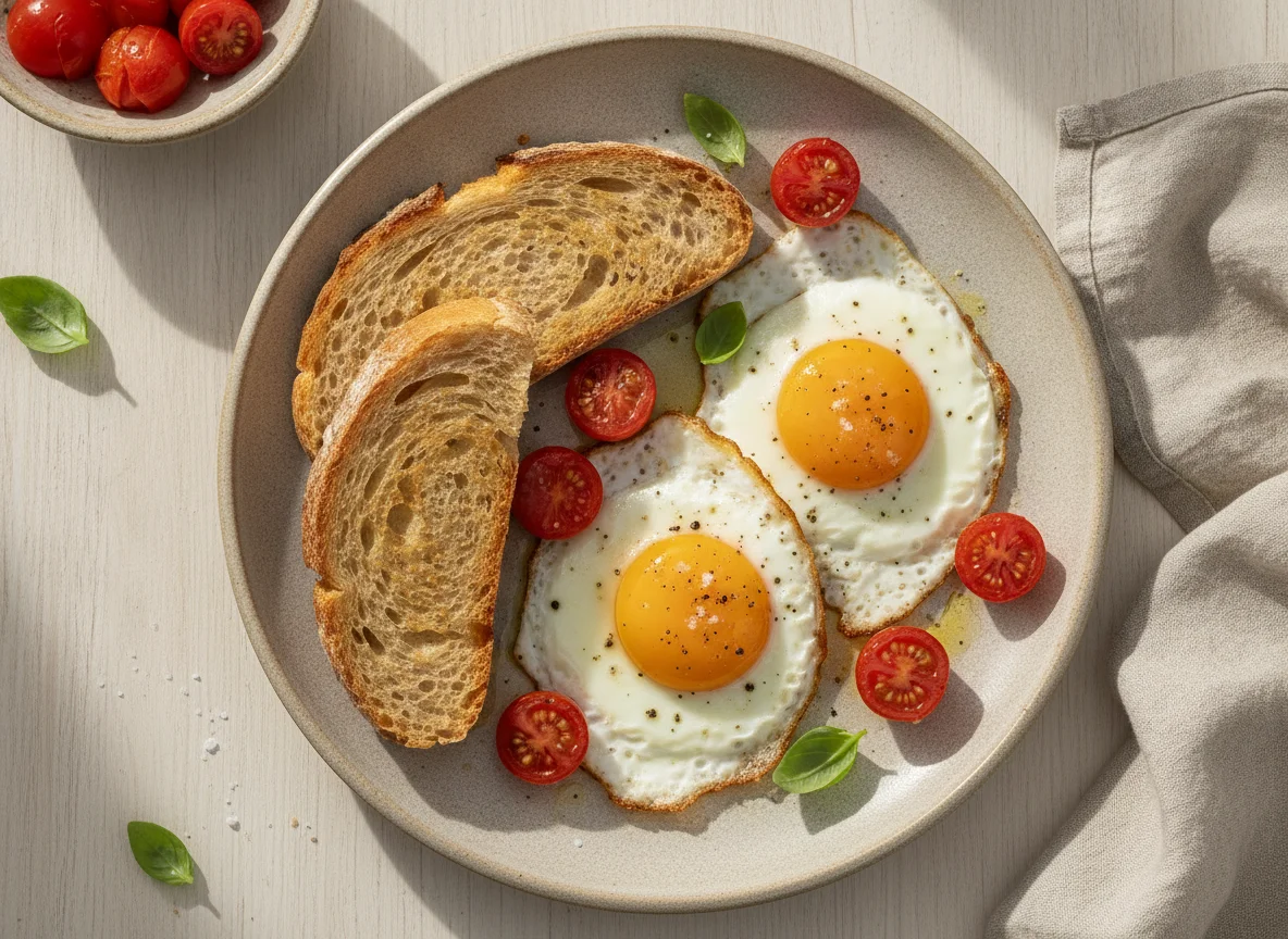 Ovos estrelados com tomate e pão photo