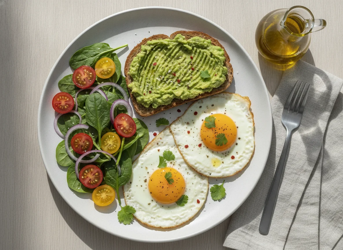 Ovos estrelados com tosta de abacate e salada de espinafres photo