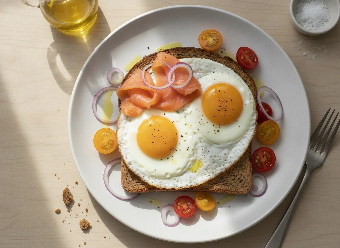 Ovos estrelados com tosta de salmão e tomate cereja photo