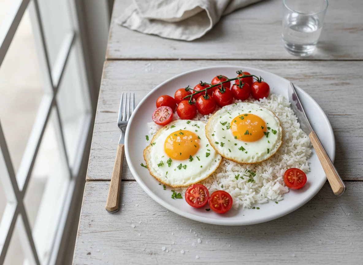 Ovos fritos com arroz e tomate cereja photo