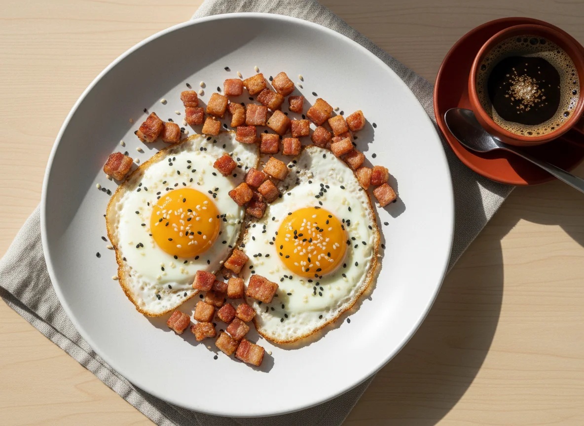 Ovos fritos com bacon e gergelim photo