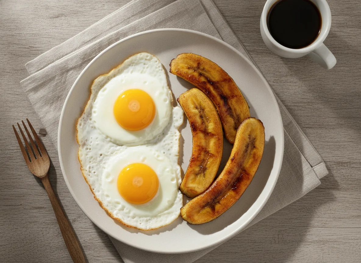 Ovos fritos com banana da terra e café photo