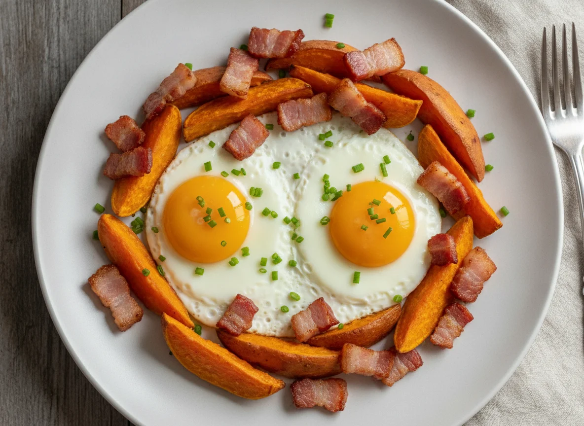 Ovos fritos com batata doce e bacon photo