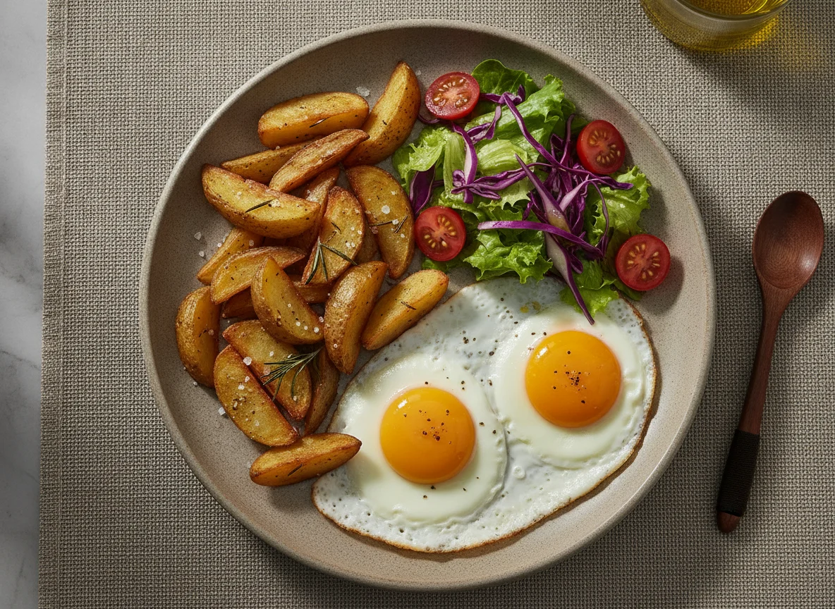 Ovos fritos com batatas rústicas e salada photo